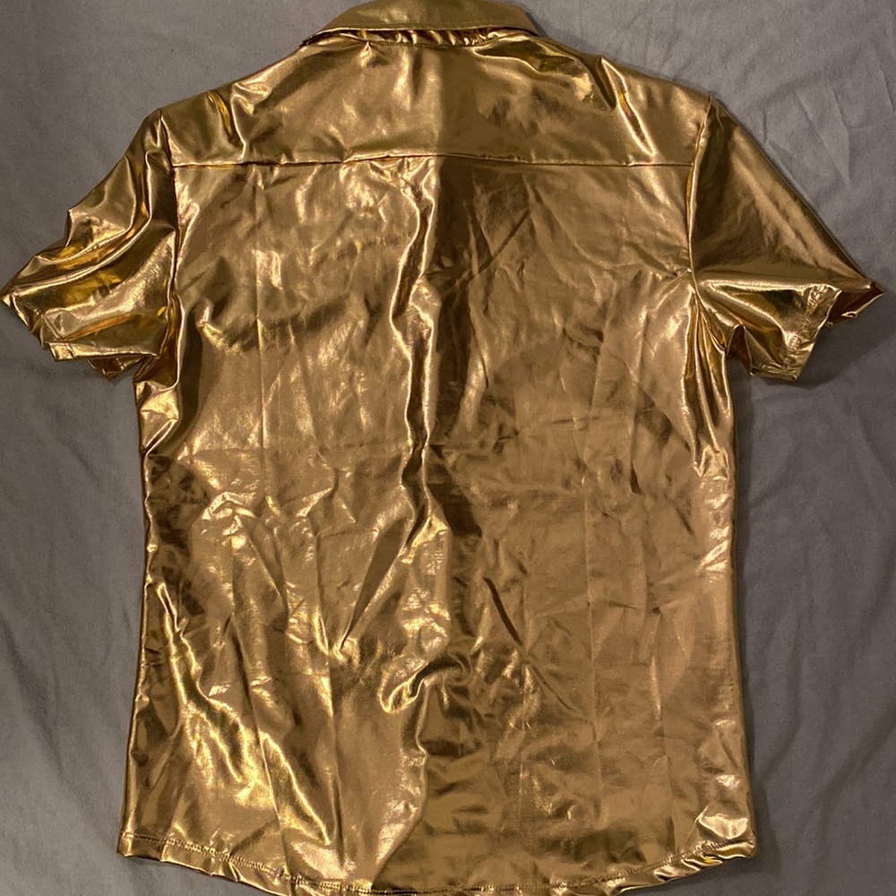 NWOT Mens Liquid Gold Metallic Button Down Short Sleeve Shirt by Gary Majdell - Picture 7 of 7